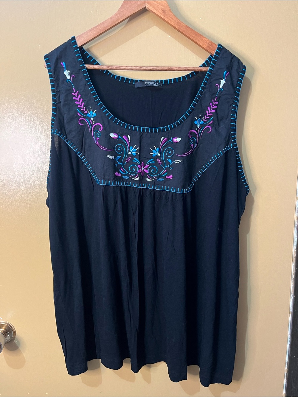 Contempo Black Embroidered Scoop Neck Tank